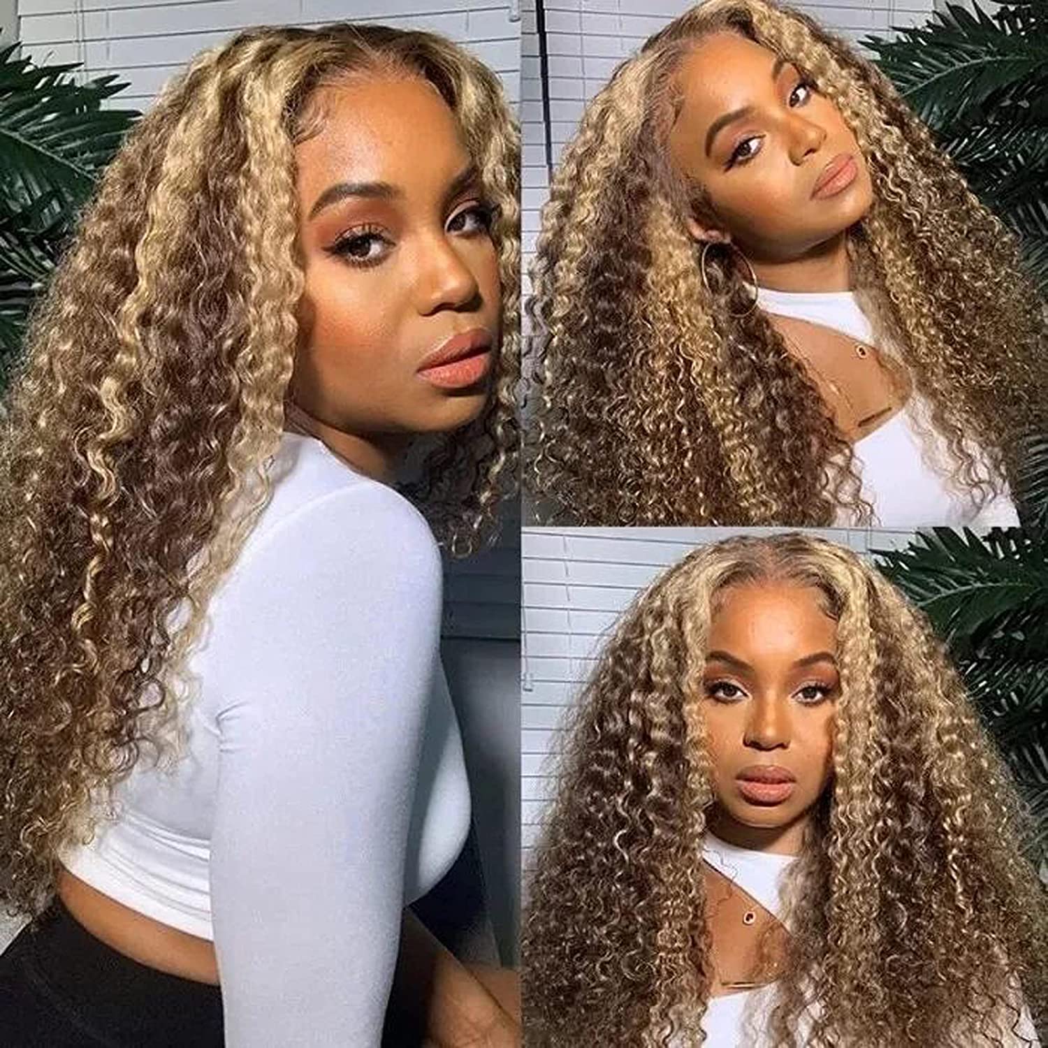Kinky Curly Highlight Honey Blonde Lace Frontal Wig