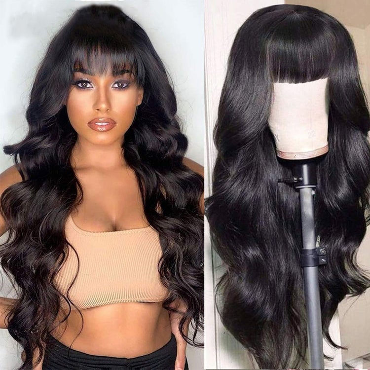 Talktohair Brazilian Virgin Body Wave None Lace Human Hair Wigs with Bangs 180% Density