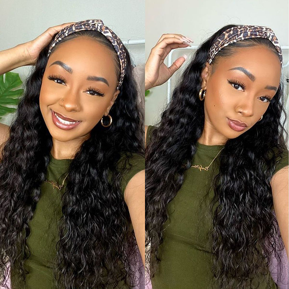 Talktohair Water Wave Headband Wig Brazilian Virgin Hair None Lace Front 180% Density Wigs