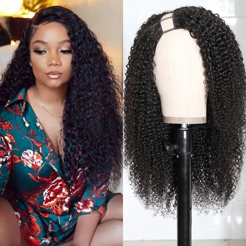 Kinky Curly Glueless U Part Wig Human Hair Body Wave Brazilian Virgin 180% Human Hair Wigs