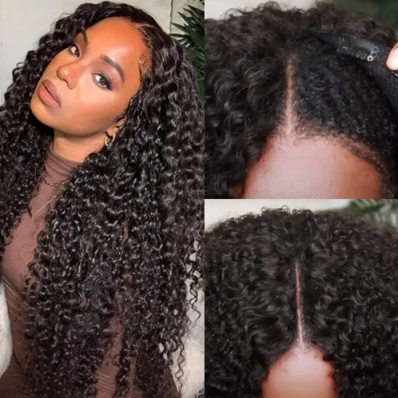 Talkto Kinky Curly V Part/Thin Part No Lace Front Wig 180% Density Natural Color