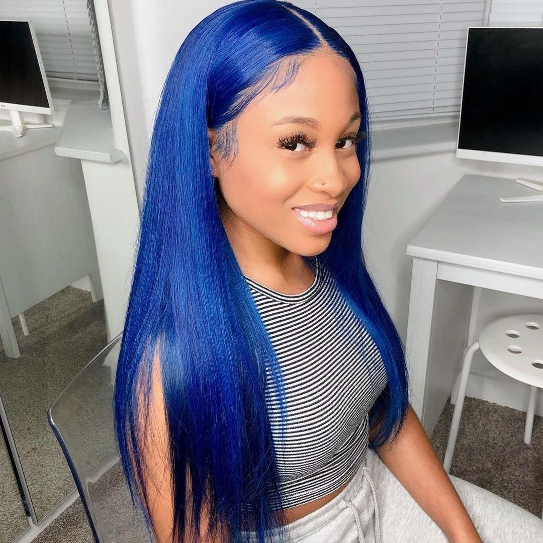 TALKTO Straight Blue Lace Frontal Wig 13*4 Glueless Swiss HD Lace Wigs Human Hair