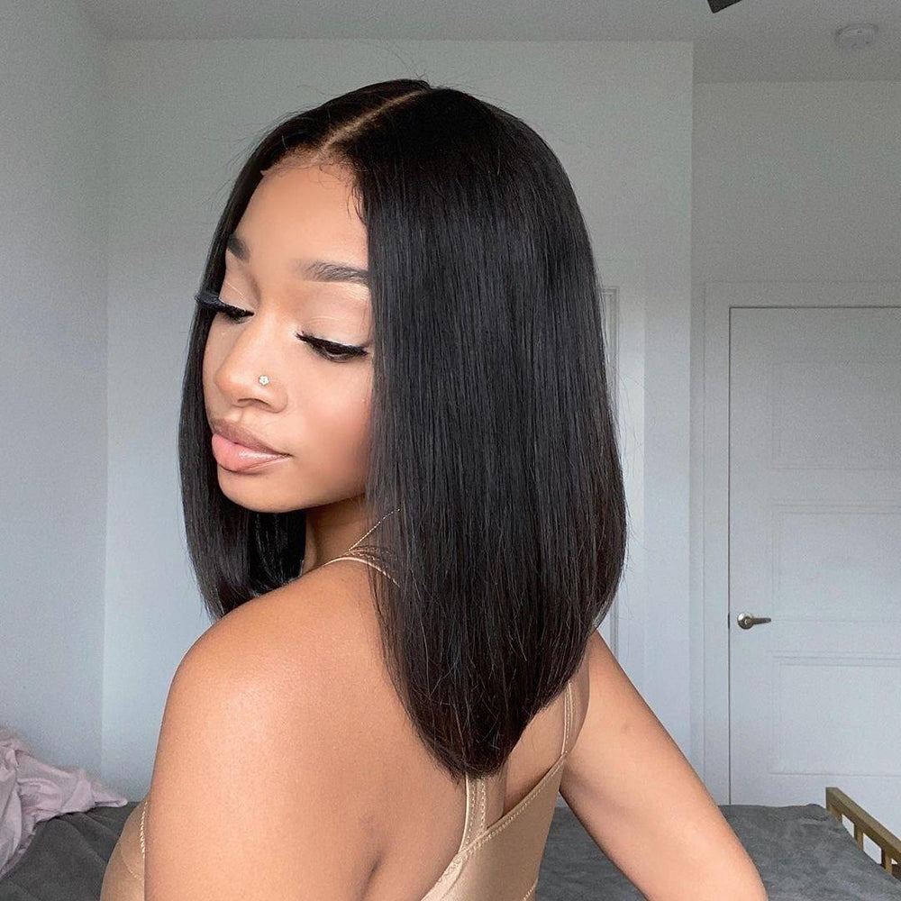 Straight Lace Human Hair Short Black Bob Wig