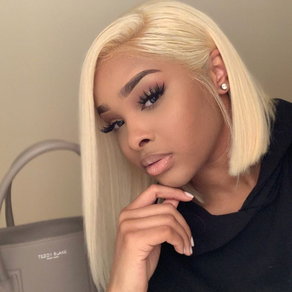 Blonde Bob Wigs Straight Human Hair Lace Front Wigs 180% Density 13x1x4 Swiss Hair Wigs