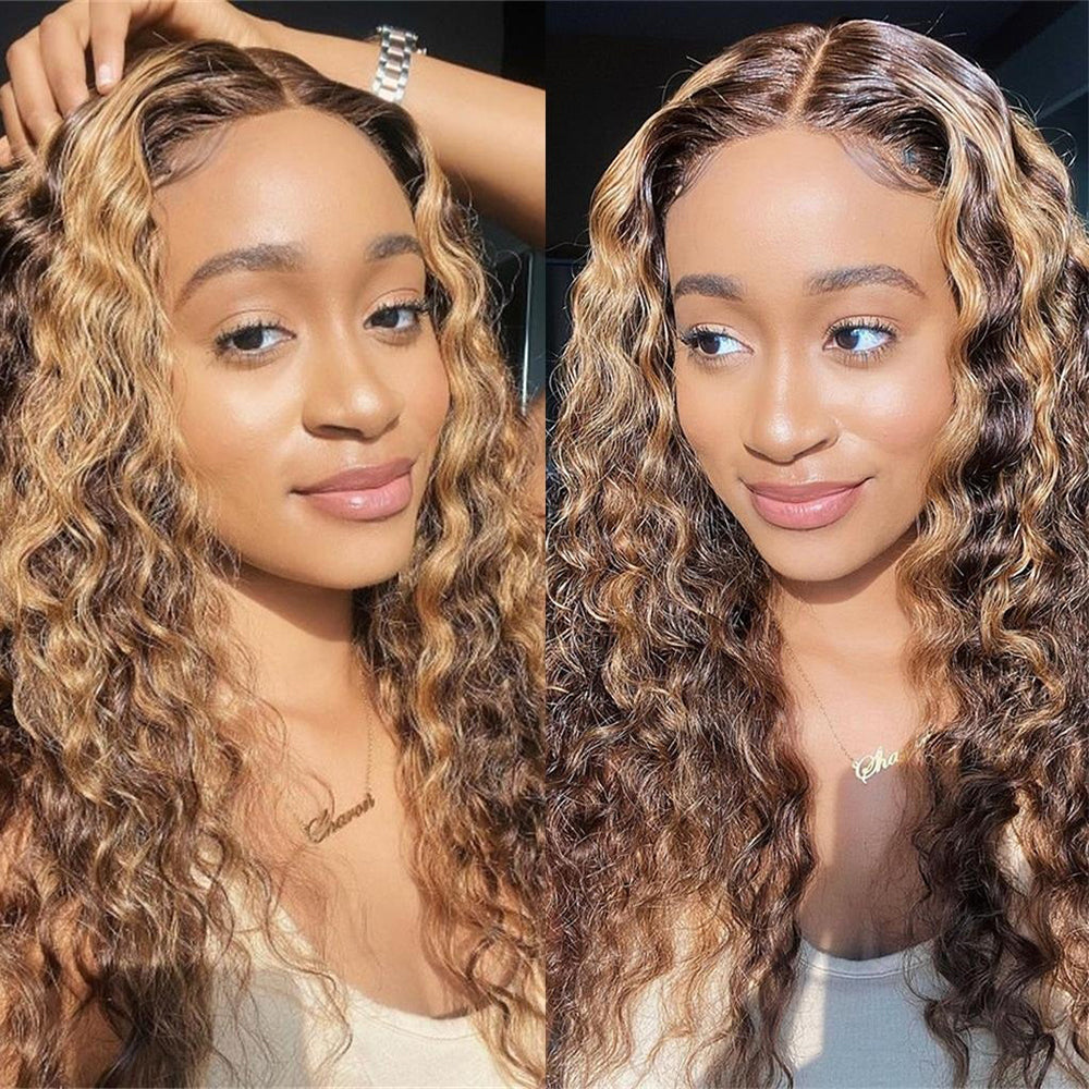 Deep Wave Honey Blonde Highlight Lace Frontal Wig