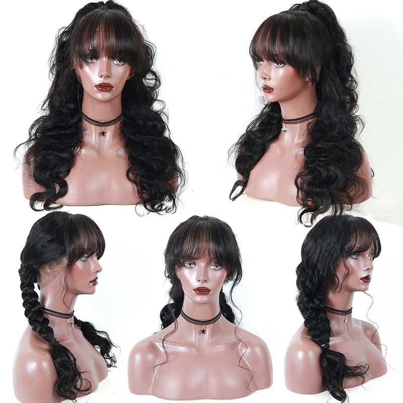 Talktohair Brazilian Virgin Body Wave None Lace Human Hair Wigs with Bangs 180% Density