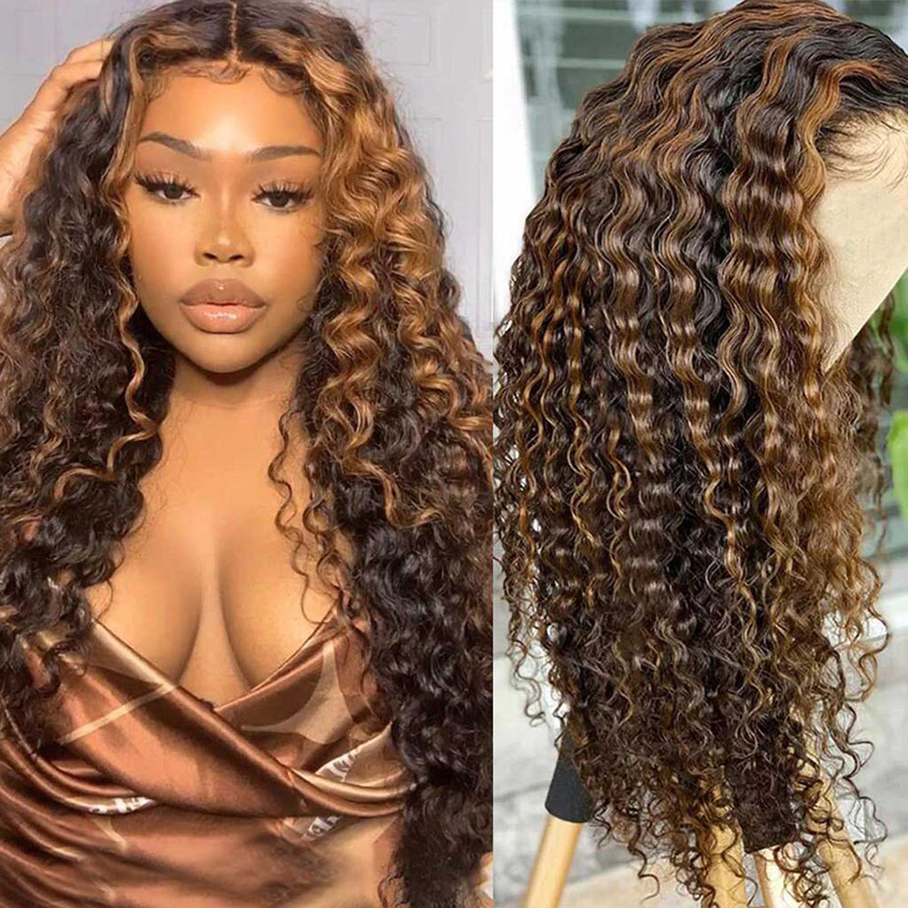 Deep Wave Honey Blonde Highlight Lace Frontal Wig