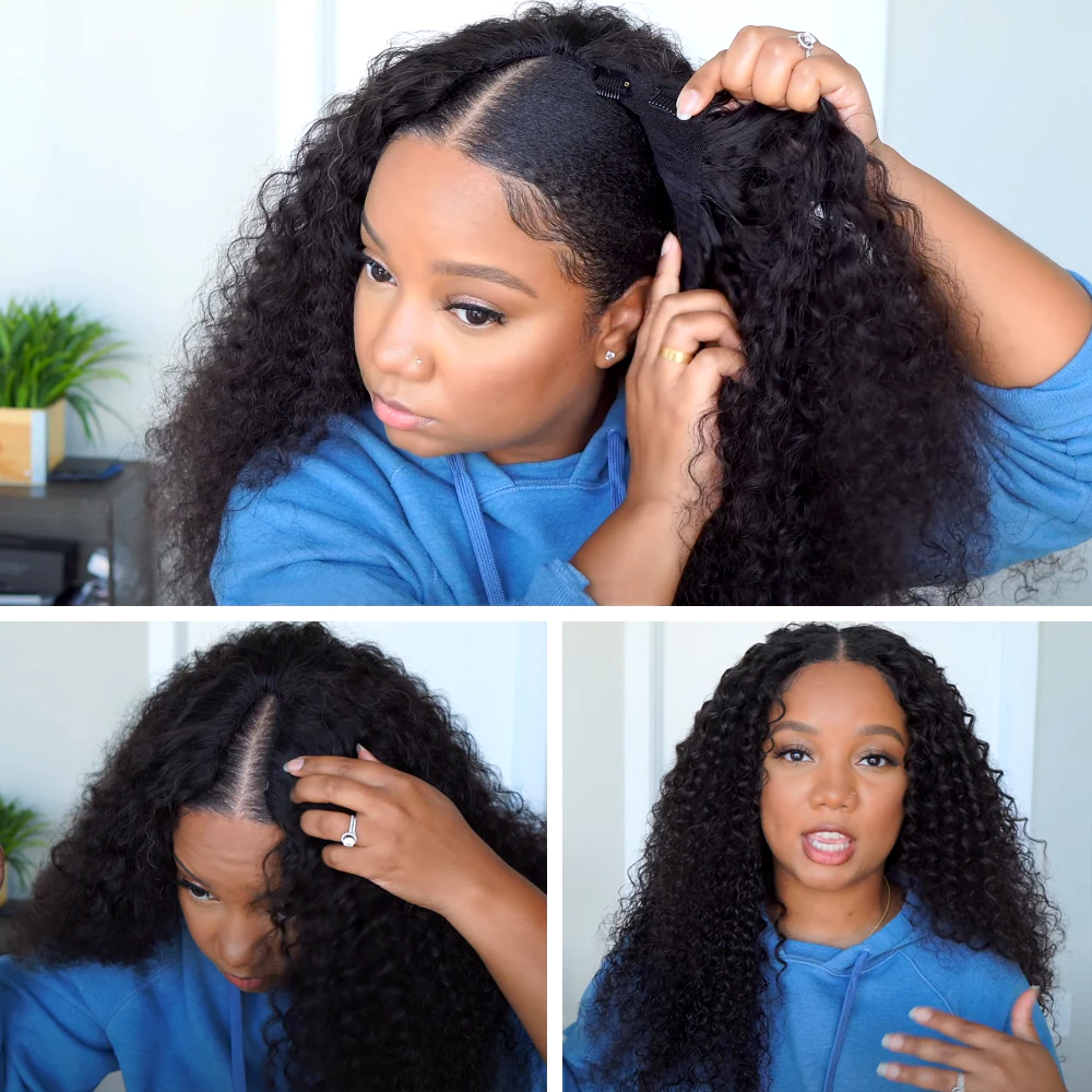 Talkto Kinky Curly V Part/Thin Part No Lace Front Wig 180% Density Natural Color