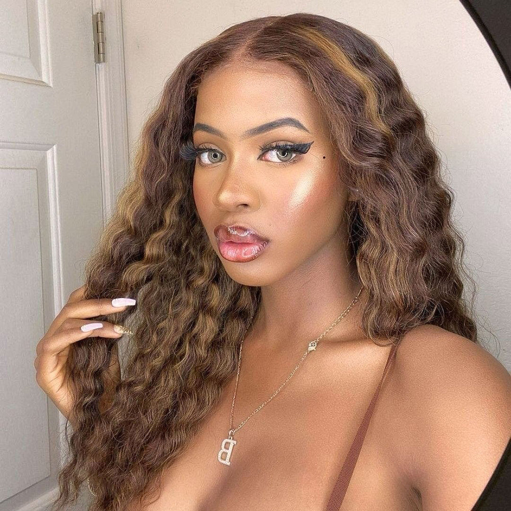 Deep Wave Honey Blonde Highlight Lace Frontal Wig