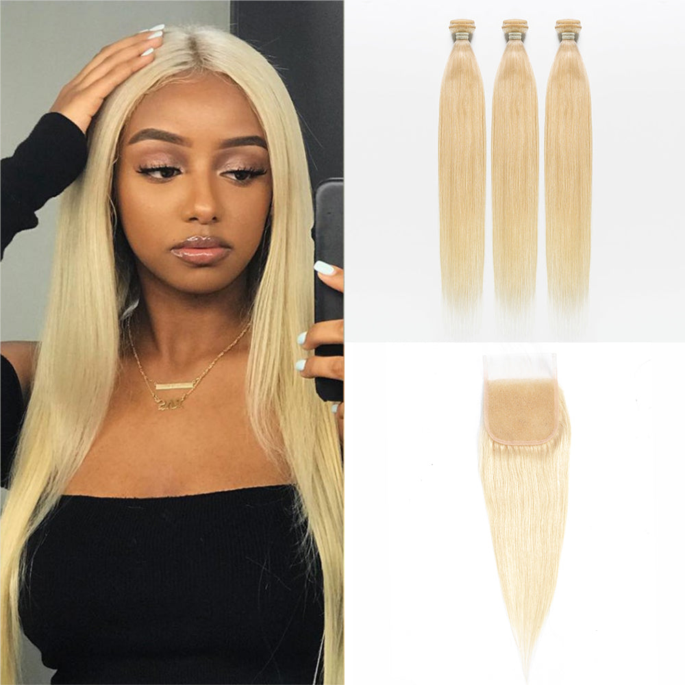 613 Blonde 3Pcs Straight Bundles with 4x4 Lace Closure Hair