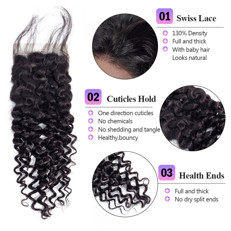 3 Bundles Water Wave Hair with 4x4 Lace Closure Hair