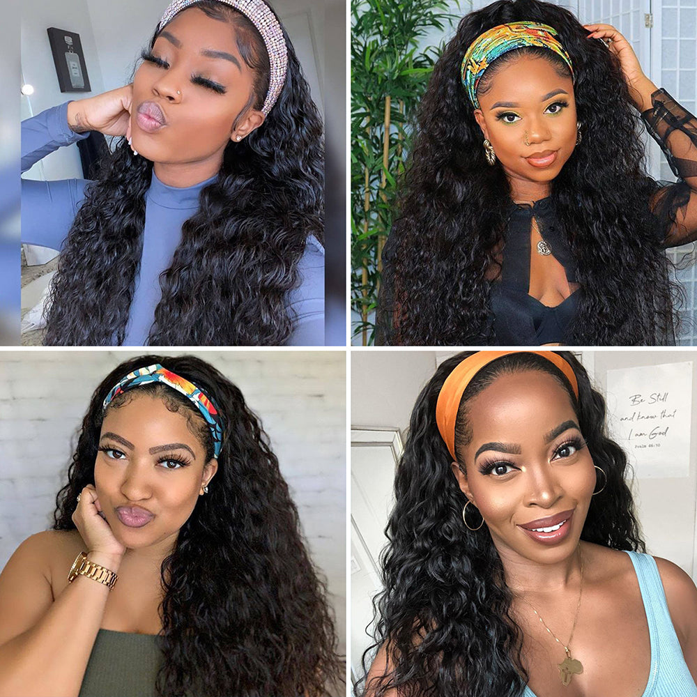 Talktohair Water Wave Headband Wig Brazilian Virgin Hair None Lace Front 180% Density Wigs