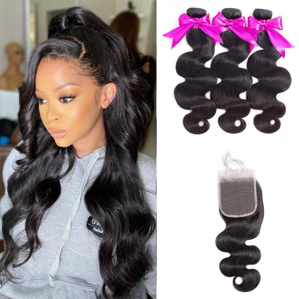 Talktohair Beauty Huaman Hair Body Wave 3 Bundles Hair with 4x4 Lace Closure Hair Natural color