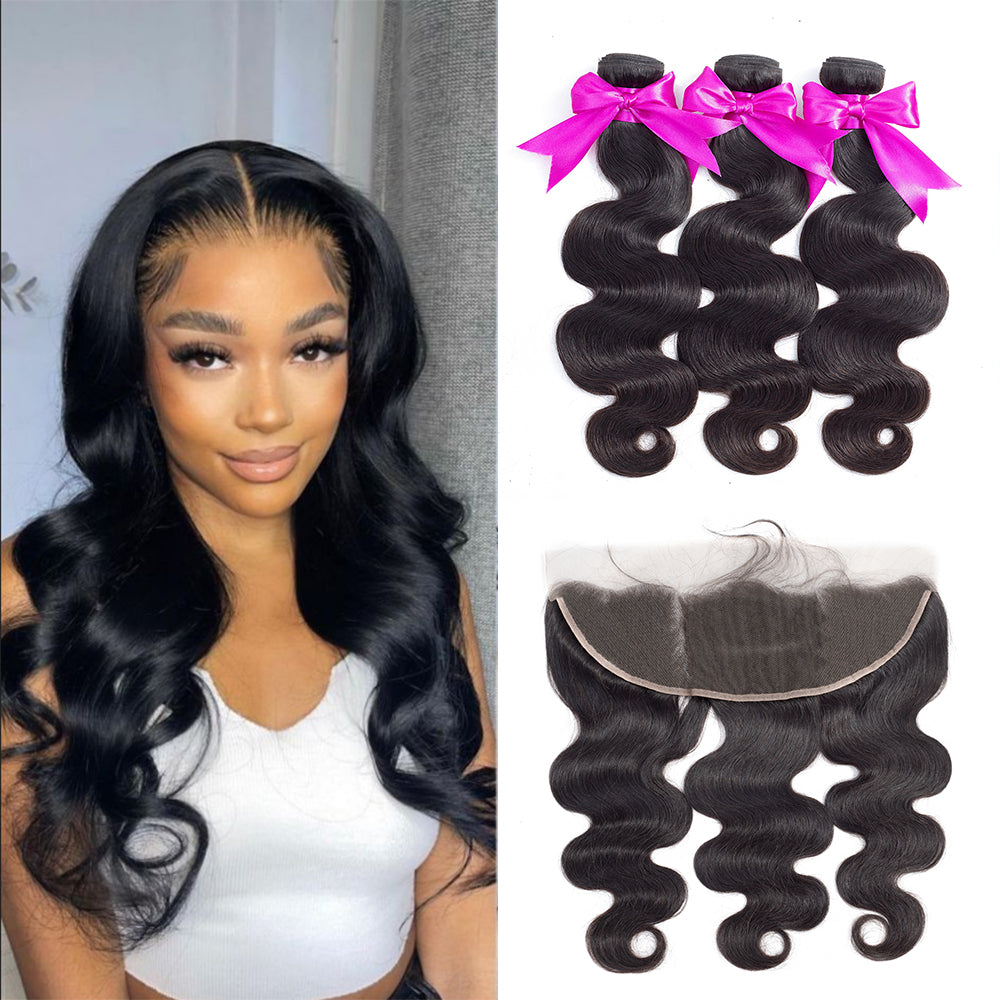 Talktohair 3 Bundles Body Wave Hair with 13x4 Lace Frontal Hair 8 Inch Human Hair Bundles Lace Front Wig