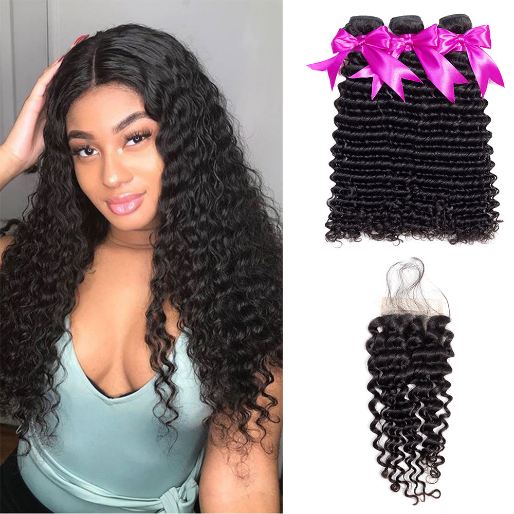 Talktohair 3 Bundles Deep Wave Hair with 4x4 Lace Closure Hair Set Human Hair Lace Front Wigs for Black Women