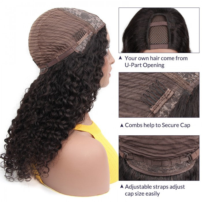 Kinky Curly Glueless U Part Wig Human Hair Body Wave Brazilian Virgin 180% Human Hair Wigs