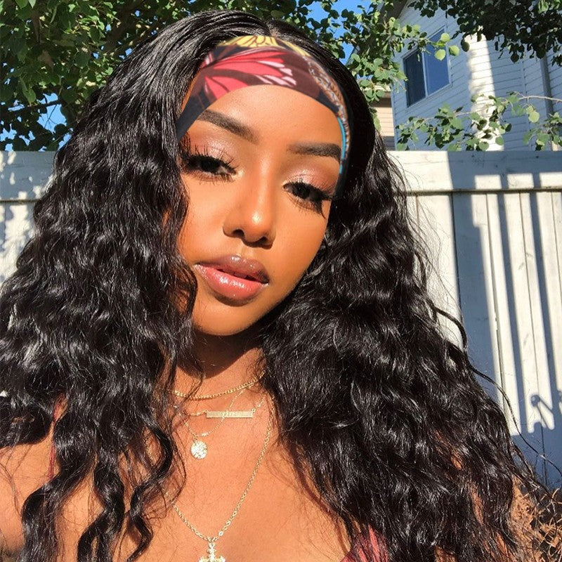 Talktohair Water Wave Headband Wig Brazilian Virgin Hair None Lace Front 180% Density Wigs
