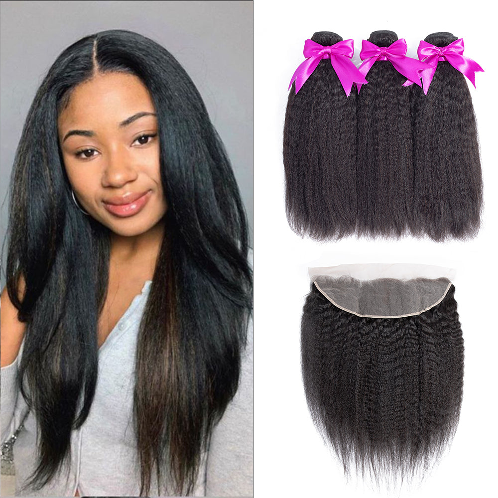 3 Bundles Kinky Straight Hair with 13x4 Lace Frontal Hair