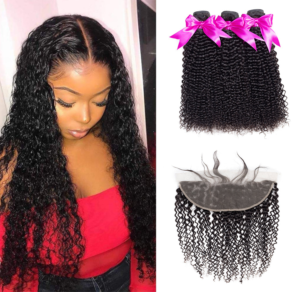 Talktohair Kinky Curly 3 Bundles Human Hair with 13x4 Lace Frontal Hair (22/30 30 30) Natural Color