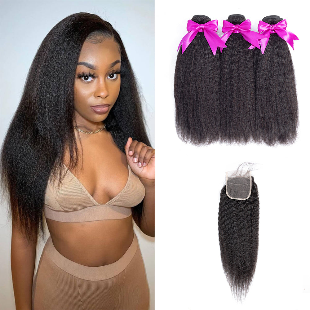 3 Bundles Kinky Straight Hair with 4x4 Lace Closure Hair