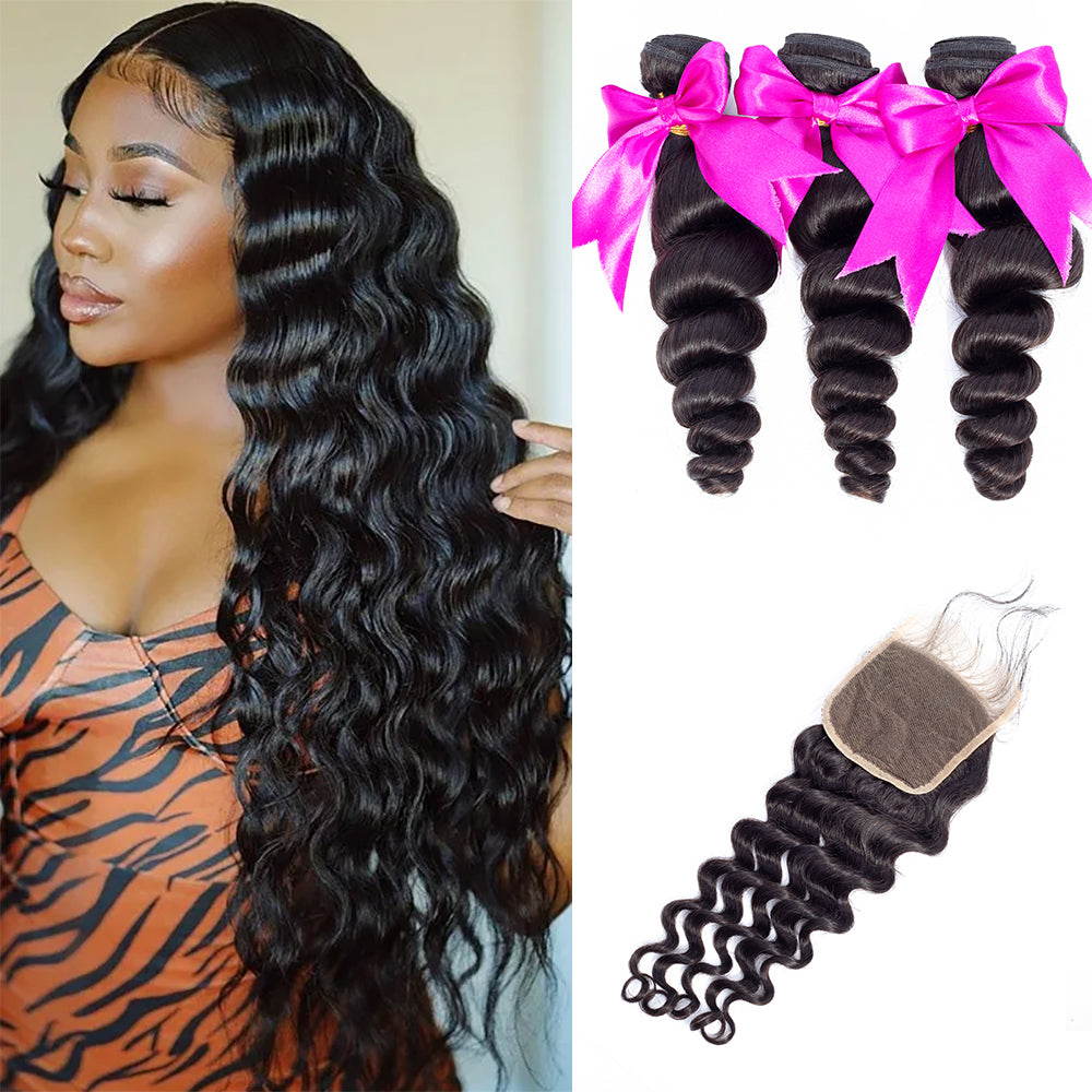 3 Bundles Loose Wave Hair with 4x4 Lace Closure Hair