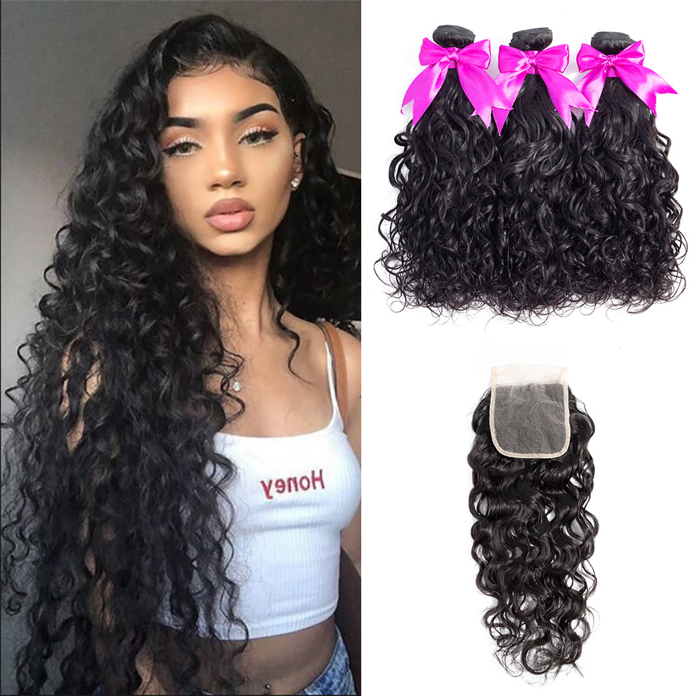 3 Bundles Natural Wave Hair with 4x4 Lace Closure Hair