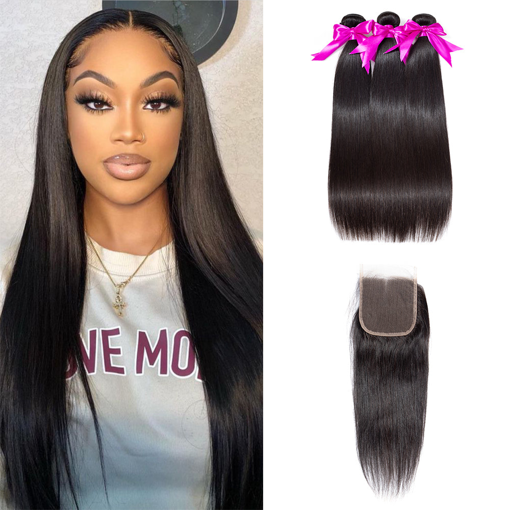 3 Bundles Straight Hair with 4x4 Lace Closure Hair