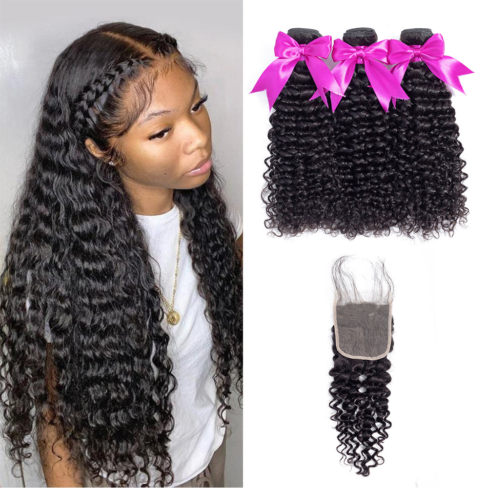 3 Bundles Water Wave Hair with 4x4 Lace Closure Hair